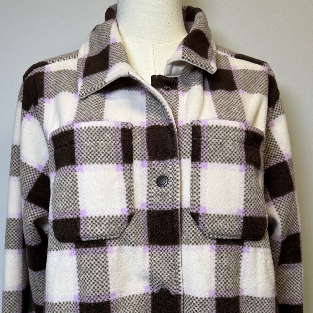 Lands’ End Anyweather Lilac & Coffee Check Fleece Shirt Jacket Size Large Tall - Picture 3 of 13